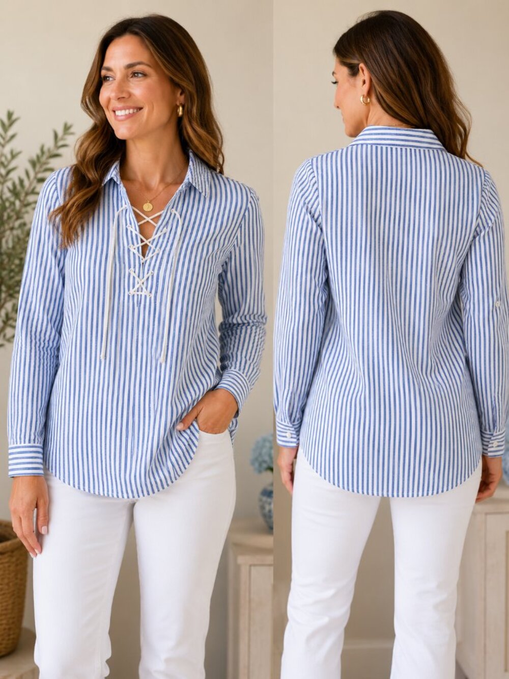 J. McLaughlin Blue White Striped Lace-Up Tunic Blouse Size L Cotton